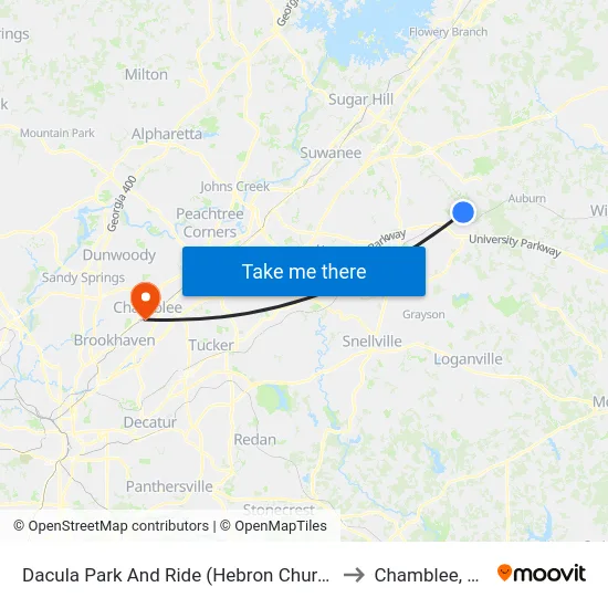 Dacula Park And Ride (Hebron Church) to Chamblee, GA map