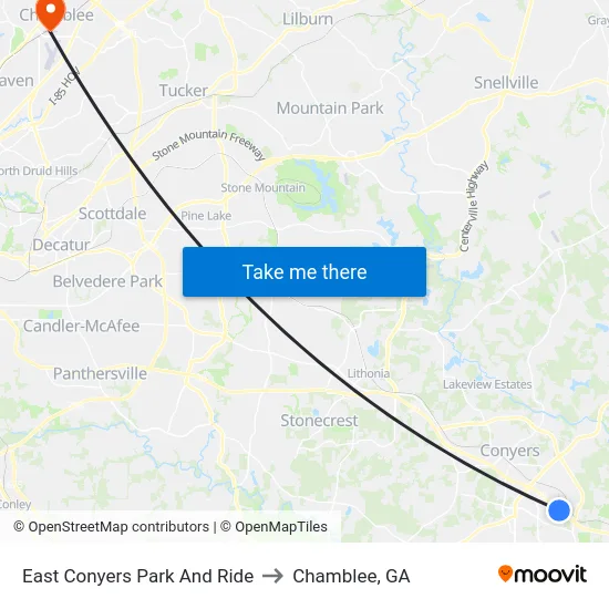 East Conyers Park And Ride to Chamblee, GA map