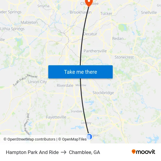 Hampton Park And Ride to Chamblee, GA map