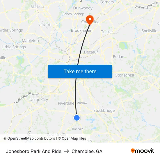 Jonesboro Park And Ride to Chamblee, GA map