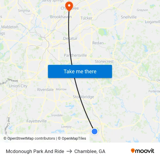 Mcdonough Park And Ride to Chamblee, GA map