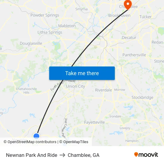 Newnan Park And Ride to Chamblee, GA map