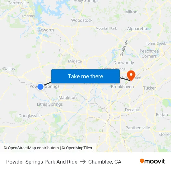 Powder Springs Park And Ride to Chamblee, GA map