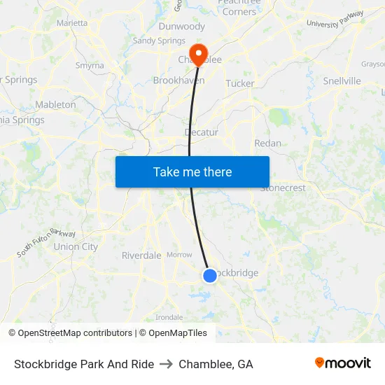 Stockbridge Park And Ride to Chamblee, GA map