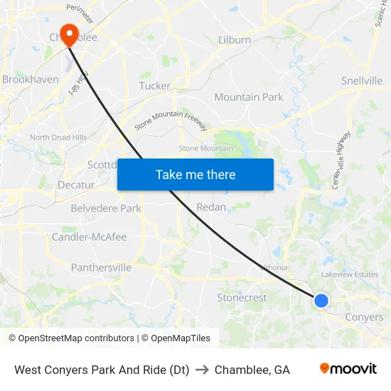 West Conyers Park And Ride (Dt) to Chamblee, GA map