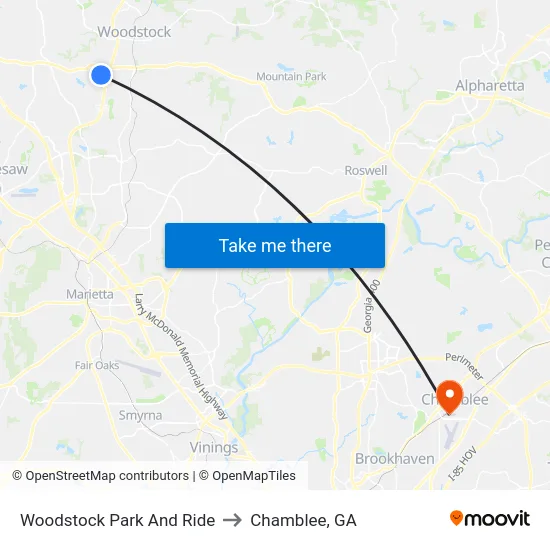 Woodstock Park And Ride to Chamblee, GA map
