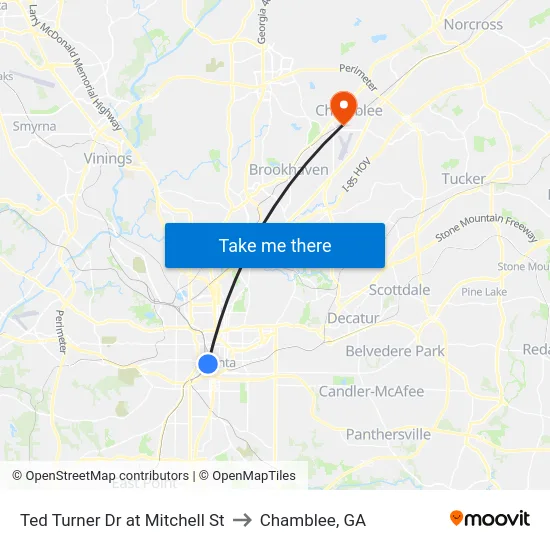 Ted Turner Dr at Mitchell St to Chamblee, GA map