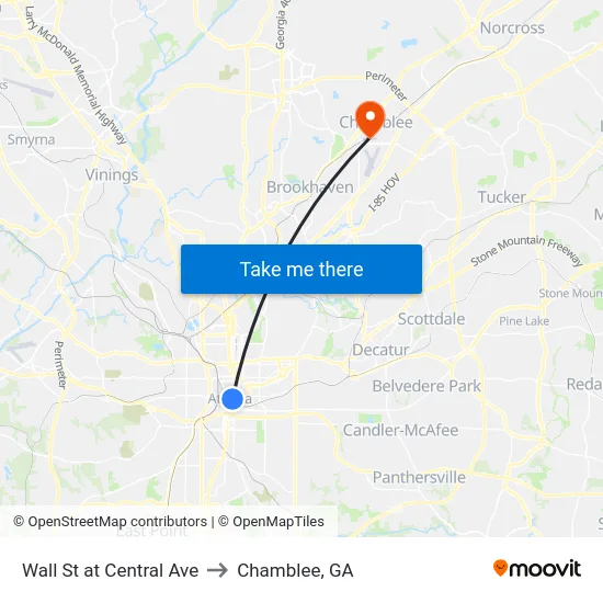 Wall St at Central Ave to Chamblee, GA map