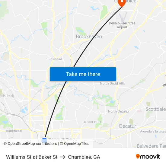 Williams St at Baker St to Chamblee, GA map