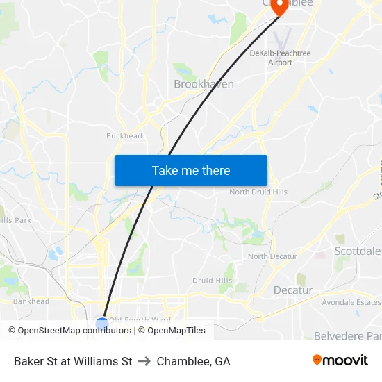 Baker St at Williams St to Chamblee, GA map