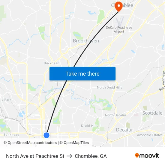 North Ave at Peachtree St to Chamblee, GA map