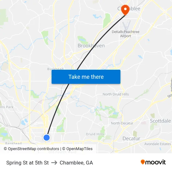 Spring St at 5th St to Chamblee, GA map