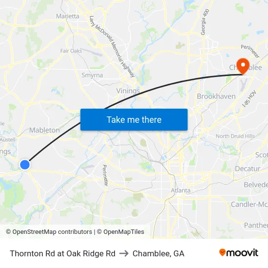 Thornton Rd at Oak Ridge Rd to Chamblee, GA map