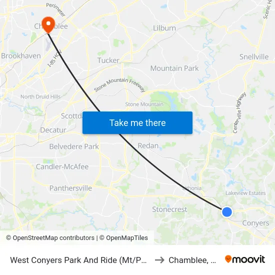 West Conyers Park And Ride (Mt/Peri) to Chamblee, GA map