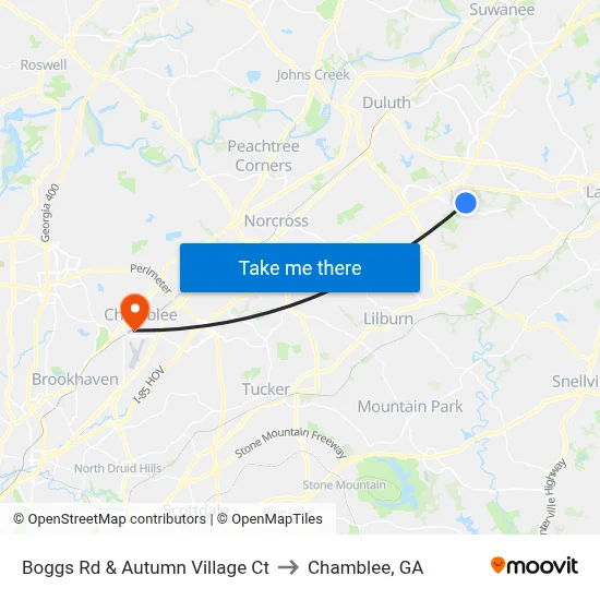 Boggs Rd & Autumn Village Ct to Chamblee, GA map