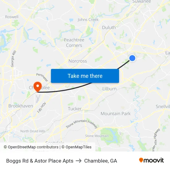 Boggs Rd & Astor Place Apts to Chamblee, GA map
