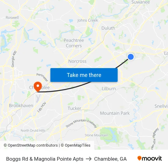 Boggs Rd & Magnolia Pointe Apts to Chamblee, GA map