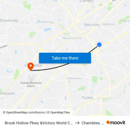 Brook Hollow Pkwy &Victory World Church to Chamblee, GA map