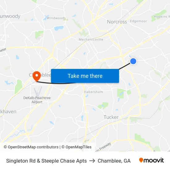 Singleton Rd & Steeple Chase Apts to Chamblee, GA map