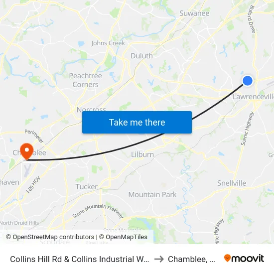 Collins Hill Rd & Collins Industrial Way to Chamblee, GA map