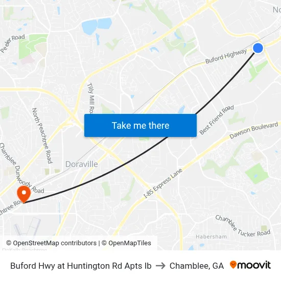 Buford Hwy at Huntington Rd Apts Ib to Chamblee, GA map