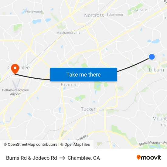 Burns Rd & Jodeco Rd to Chamblee, GA map