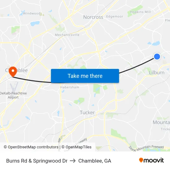 Burns Rd & Springwood Dr to Chamblee, GA map