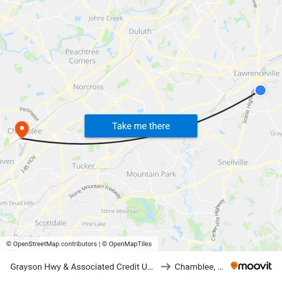 Grayson Hwy & Associated Credit Union to Chamblee, GA map