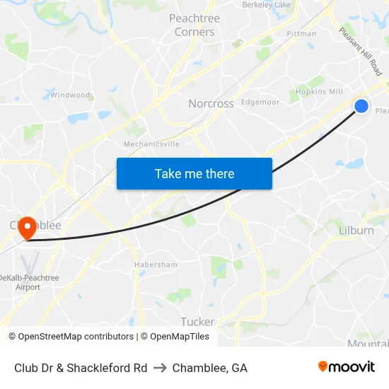 Club Dr & Shackleford Rd to Chamblee, GA map
