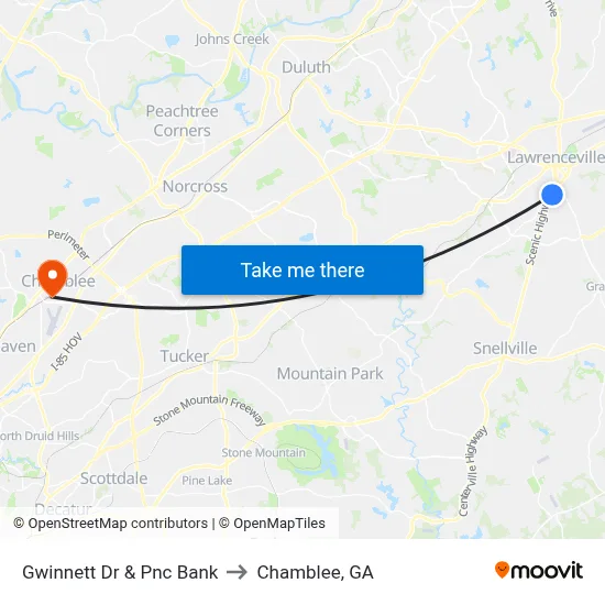 Gwinnett Dr & Pnc Bank to Chamblee, GA map