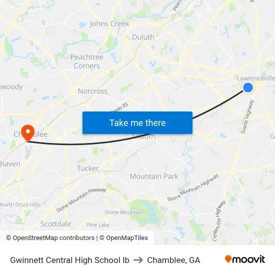 Gwinnett Central High School Ib to Chamblee, GA map