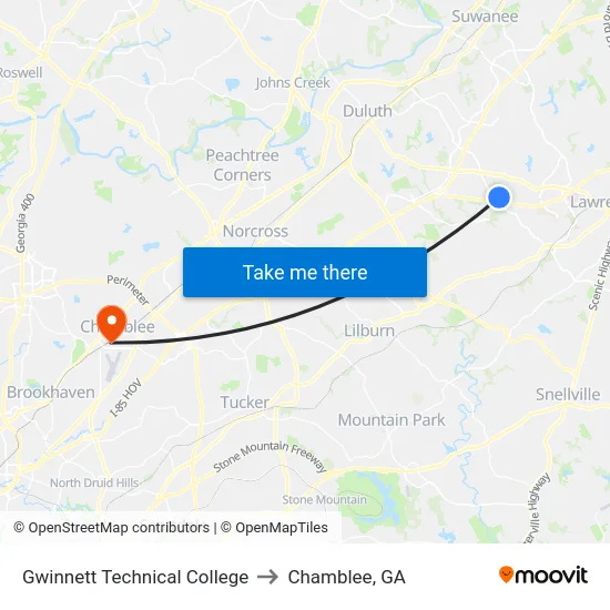 Gwinnett Technical College to Chamblee, GA map