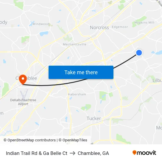 Indian Trail Rd & Ga Belle Ct to Chamblee, GA map