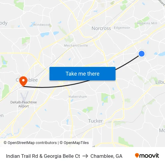 Indian Trail Rd & Georgia Belle Ct to Chamblee, GA map