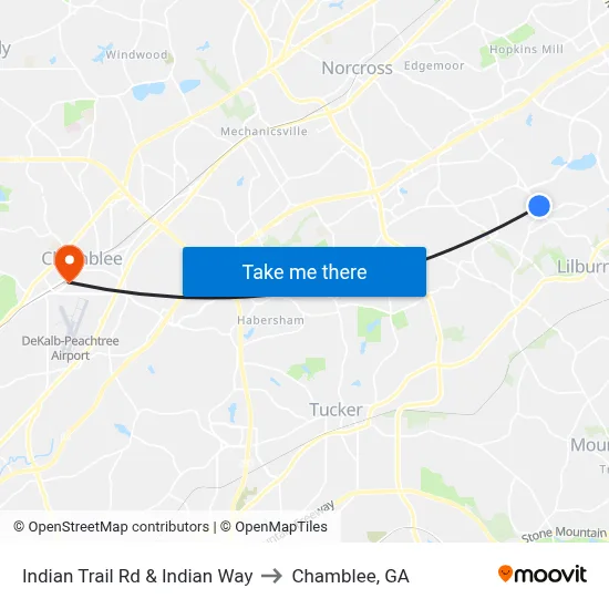 Indian Trail Rd & Indian Way to Chamblee, GA map
