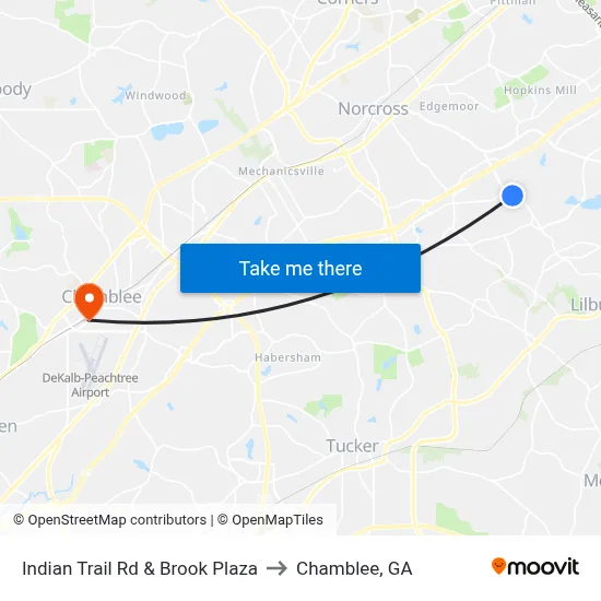 Indian Trail Rd & Brook Plaza to Chamblee, GA map