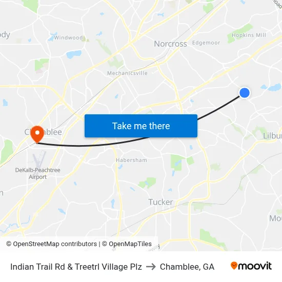 Indian Trail Rd & Treetrl Village Plz to Chamblee, GA map