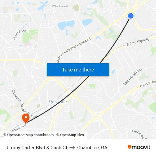 Jimmy Carter Blvd & Cash Ct to Chamblee, GA map