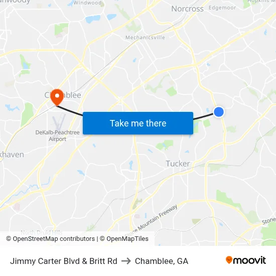 Jimmy Carter Blvd & Britt Rd to Chamblee, GA map