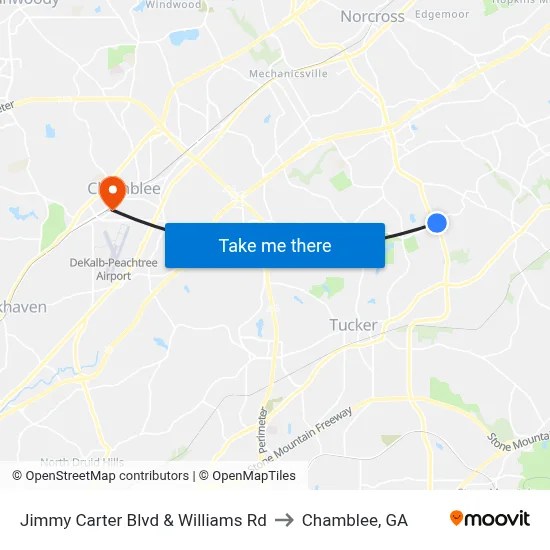 Jimmy Carter Blvd & Williams Rd to Chamblee, GA map