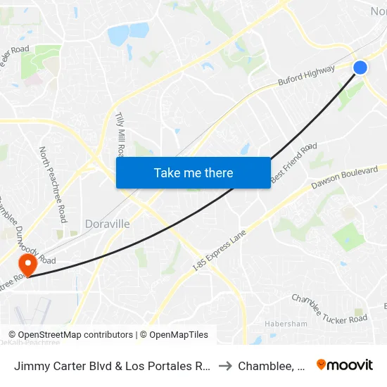 Jimmy Carter Blvd & Los Portales Rest to Chamblee, GA map