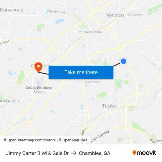 Jimmy Carter Blvd & Gale Dr to Chamblee, GA map