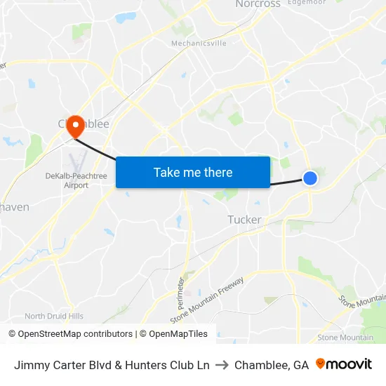 Jimmy Carter Blvd & Hunters Club Ln to Chamblee, GA map