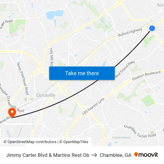 Jimmy Carter Blvd & Martins Rest Ob to Chamblee, GA map