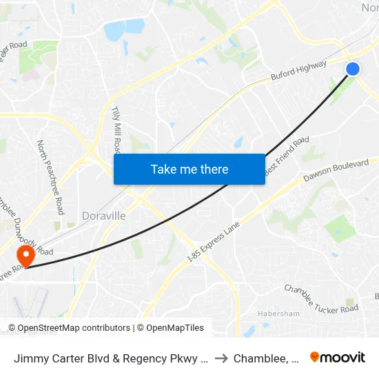 Jimmy Carter Blvd & Regency Pkwy Ob to Chamblee, GA map