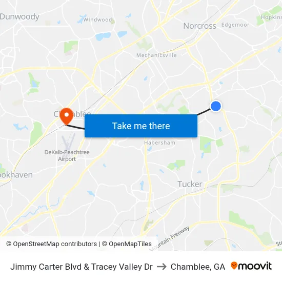 Jimmy Carter Blvd & Tracey Valley Dr to Chamblee, GA map