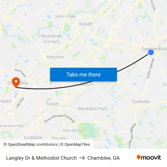 Langley Dr & Methodist Church to Chamblee, GA map