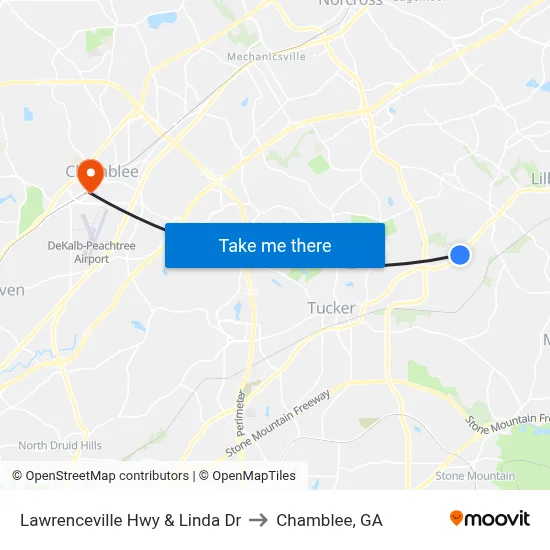 Lawrenceville Hwy & Linda Dr to Chamblee, GA map