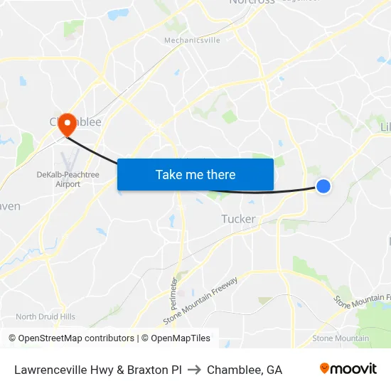 Lawrenceville Hwy & Braxton Pl to Chamblee, GA map