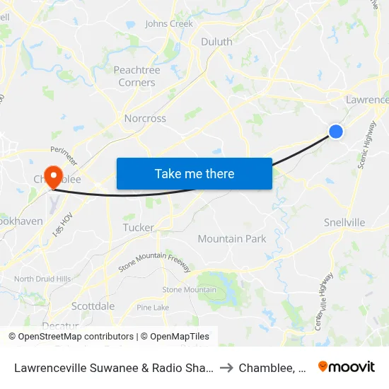 Lawrenceville Suwanee & Radio Shack to Chamblee, GA map